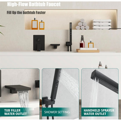 Hoimpro Wall Mount Bathtub Faucet Set With Waterfall Tub Spout & Handheld Sprayer Matte Black