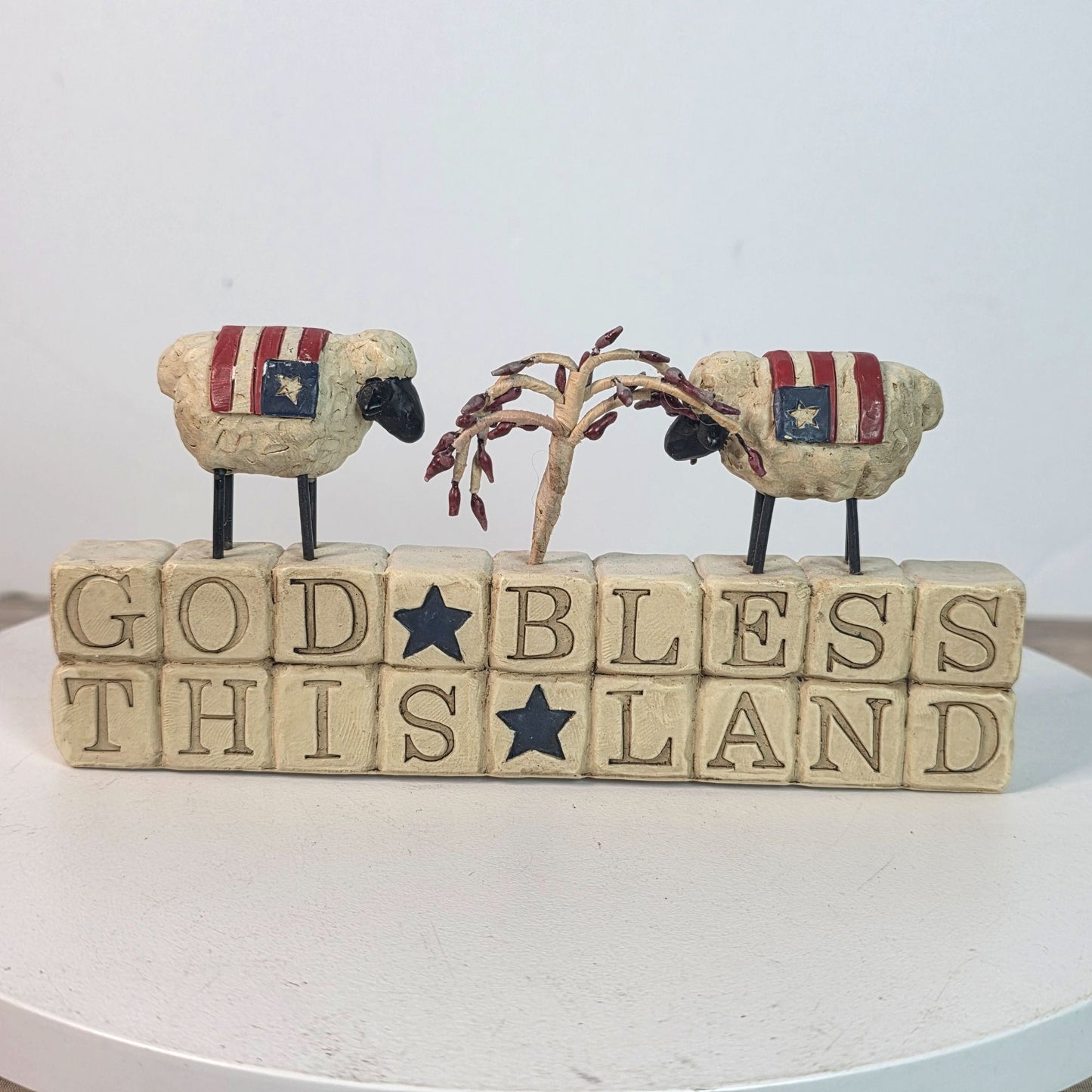 Blossom Bucket Suzi Skoglund "God Bless This Land" Sheep Figurine With Flag