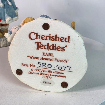Vintage 90s Cherished Teddies Collectible Figurines "Mary A Special Friend Warms The Season" & "Earl Warm Hearted Friends" Winter Holiday