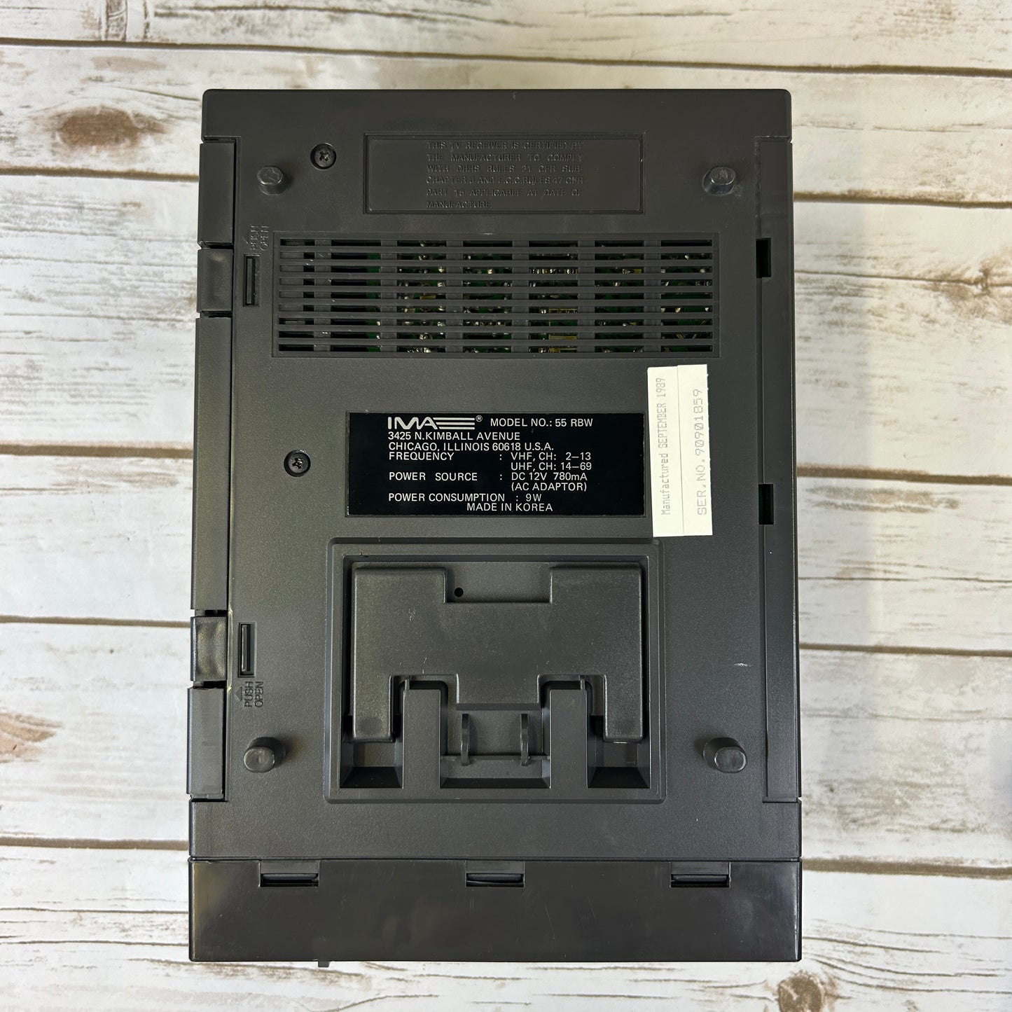 Vintage 1989 IMA 5.5” Hi-Tech Portable Television Black & White TV 55RWB