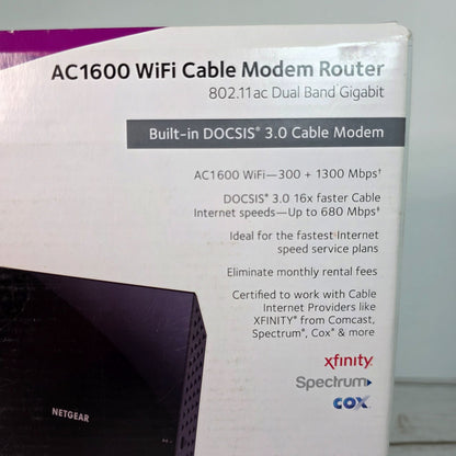 Netgear AC1600 WiFi Cable Modem Router C6250 Dual Band Gigabit - Up To 680 Mbps Speed