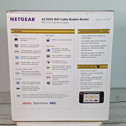 Netgear AC1600 WiFi Cable Modem Router C6250 Dual Band Gigabit - Up To 680 Mbps Speed
