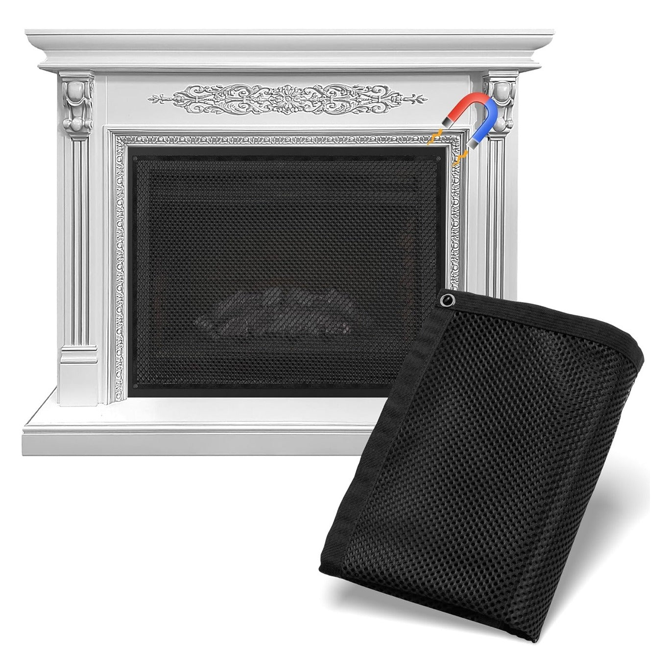 Magnetic Fireplace Screen Cover 45 X 34 Fine Mesh Shield W/ Sturdy Wrap & Strong Magnets For Safety