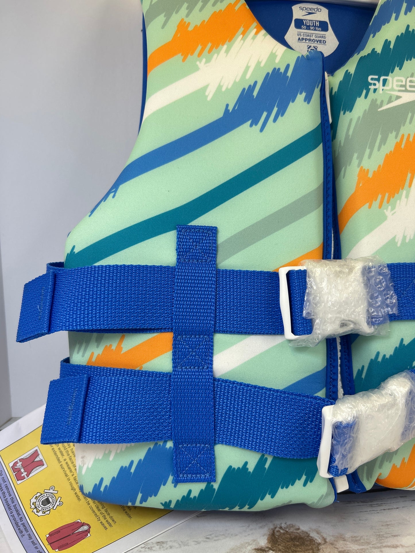 NWT New Speedo Youth PFD Life Jacket Vest Blue Sketch Stripe. 50-90 lbs