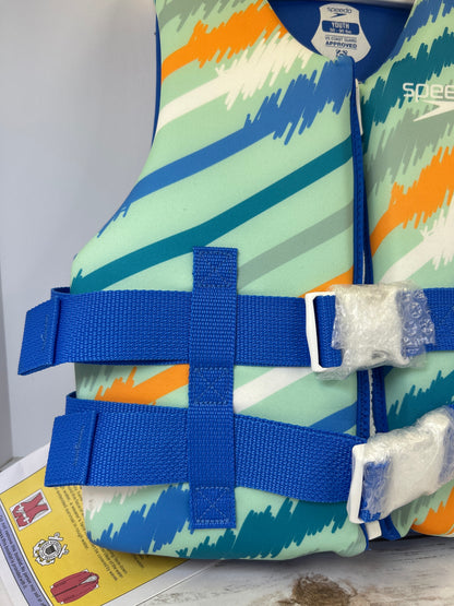 NWT New Speedo Youth PFD Life Jacket Vest Blue Sketch Stripe. 50-90 lbs