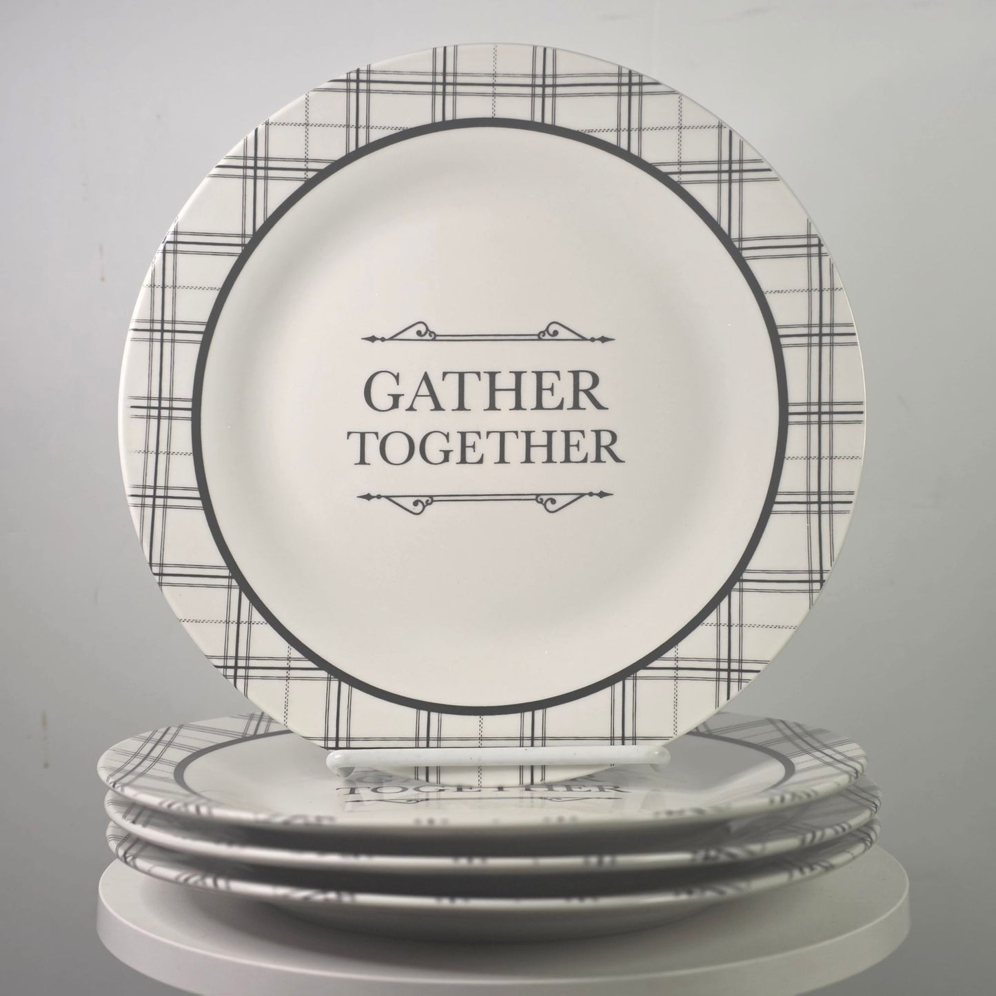Set 4 Royal Norfolk Gather Together 8" Plates Farmhouse Plaid Stoneware New