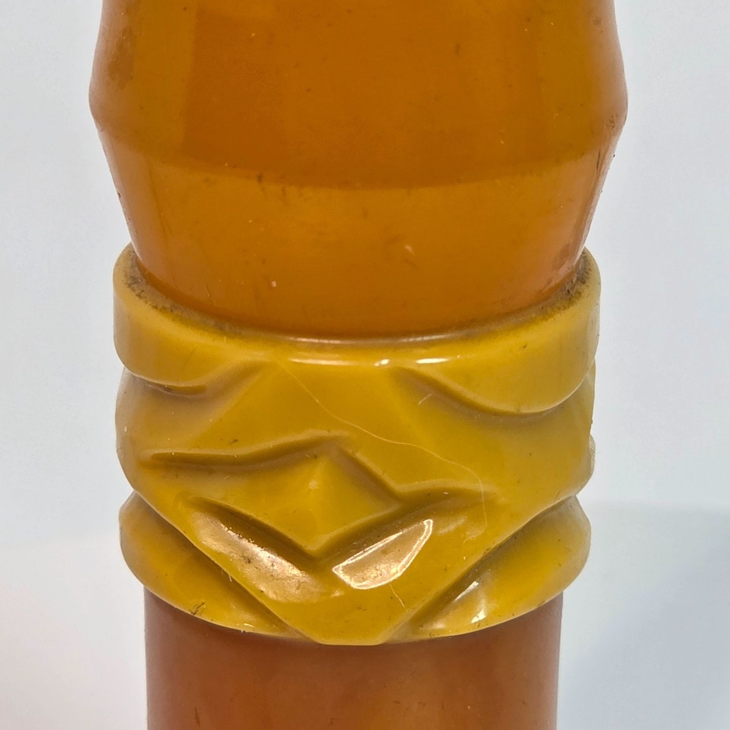 Vintage Amber & Yellow Bakelite Cane Or Umbrella Handle With Carved Detailing