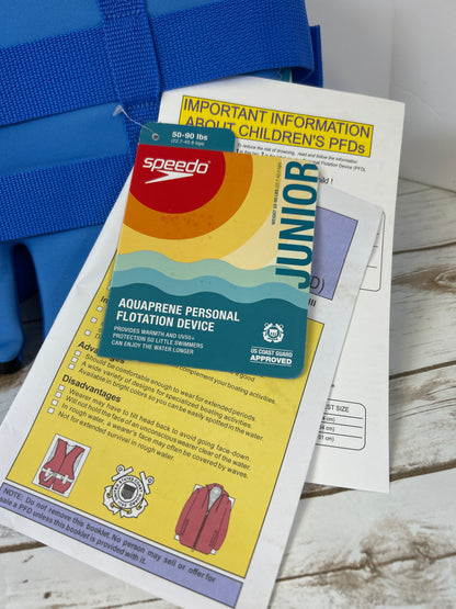 NWT New Speedo Youth PFD Life Jacket Vest Blue Sketch Stripe. 50-90 lbs