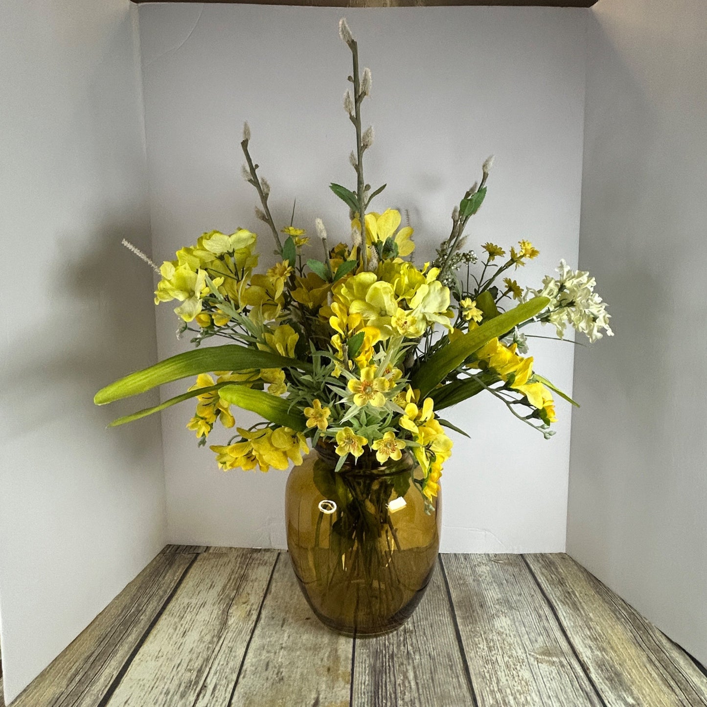 Artificial Yellow & White Floral Arrangement In Amber Glass Vase