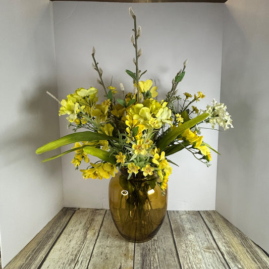Artificial Yellow & White Floral Arrangement In Amber Glass Vase