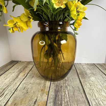 Artificial Yellow & White Floral Arrangement In Amber Glass Vase