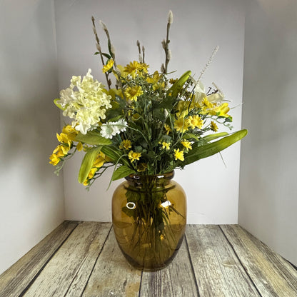 Artificial Yellow & White Floral Arrangement In Amber Glass Vase