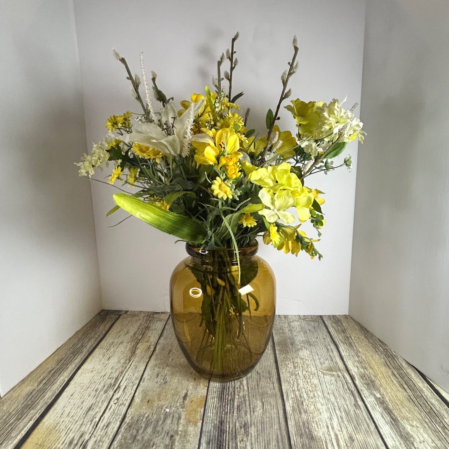 Artificial Yellow & White Floral Arrangement In Amber Glass Vase