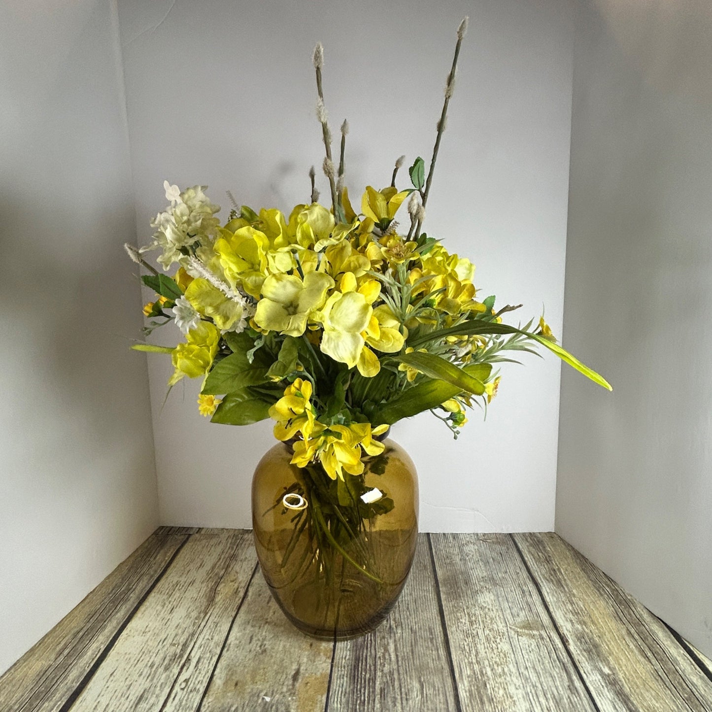 Artificial Yellow & White Floral Arrangement In Amber Glass Vase