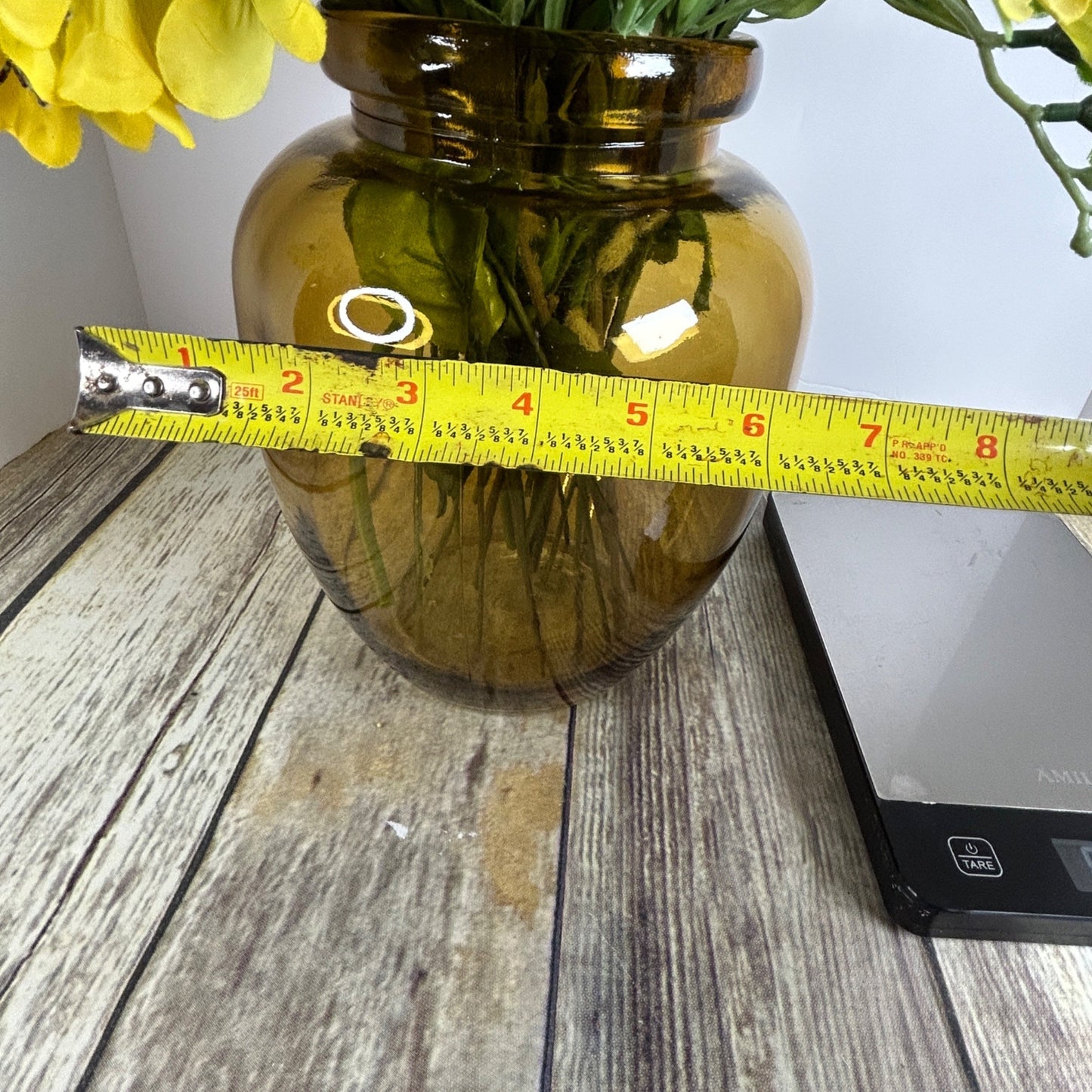 Artificial Yellow & White Floral Arrangement In Amber Glass Vase