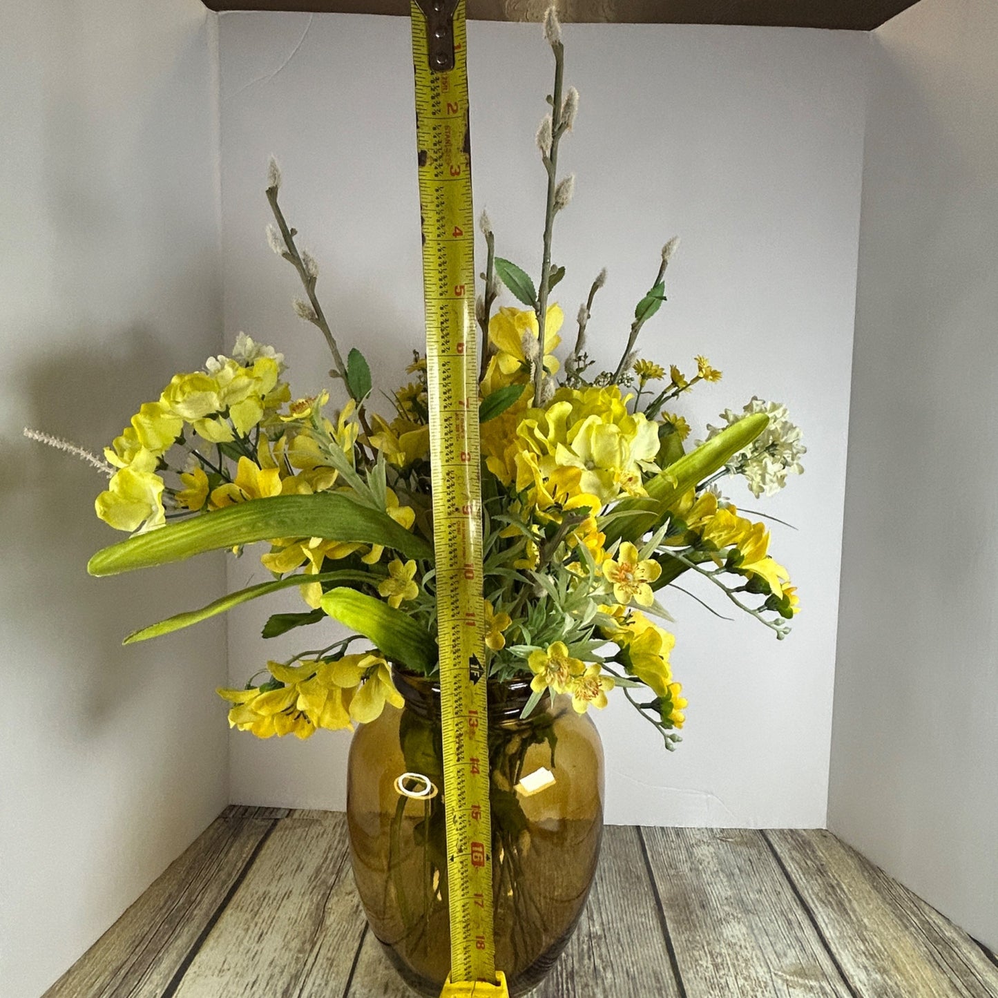 Artificial Yellow & White Floral Arrangement In Amber Glass Vase