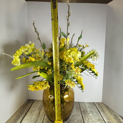 Artificial Yellow & White Floral Arrangement In Amber Glass Vase