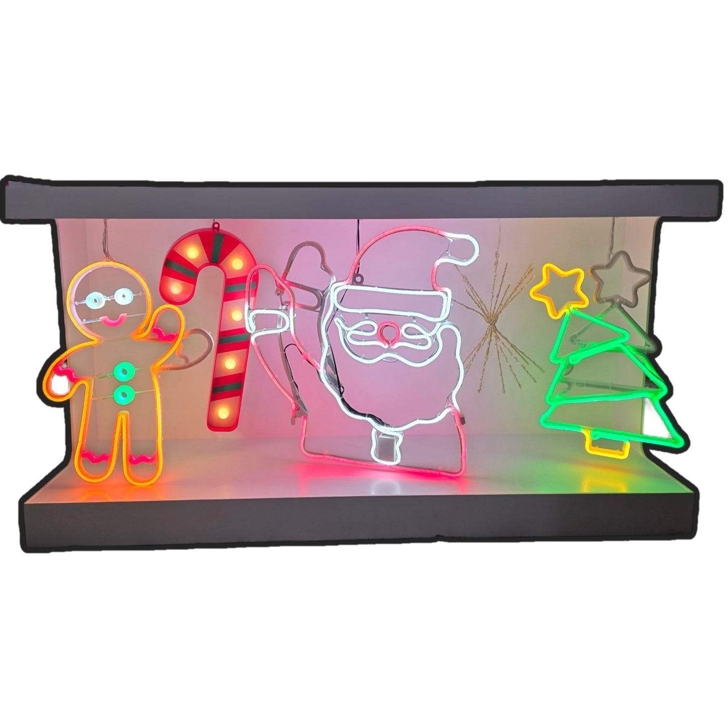 Holiday-Themed Neon Light Display Featuring Gingerbread Man Santa Candy Cane Tree & Star