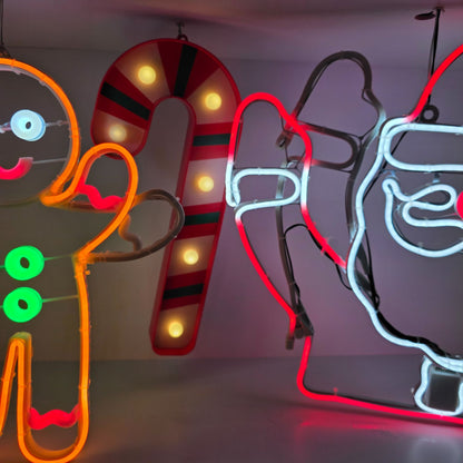 Holiday-Themed Neon Light Display Featuring Gingerbread Man Santa Candy Cane Tree & Star