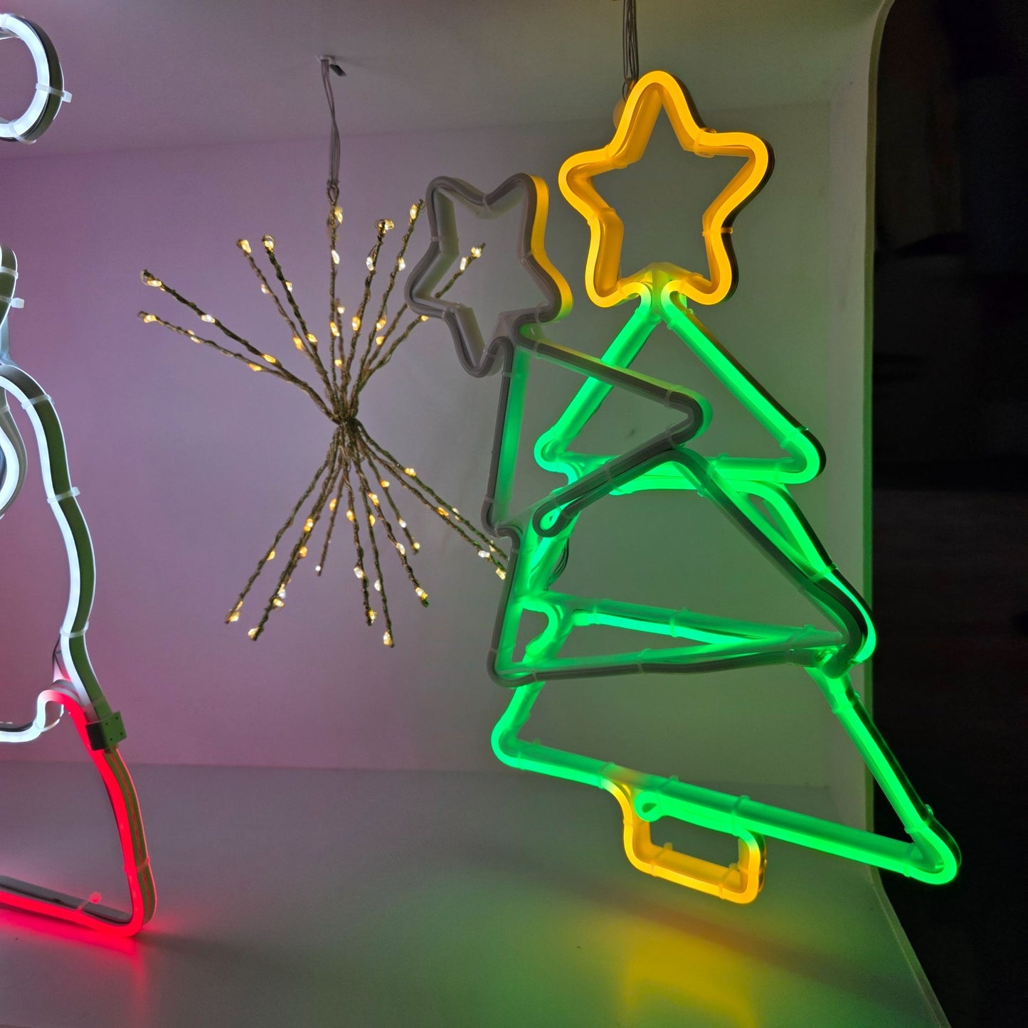 Holiday-Themed Neon Light Display Featuring Gingerbread Man Santa Candy Cane Tree & Star