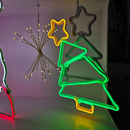 Holiday-Themed Neon Light Display Featuring Gingerbread Man Santa Candy Cane Tree & Star