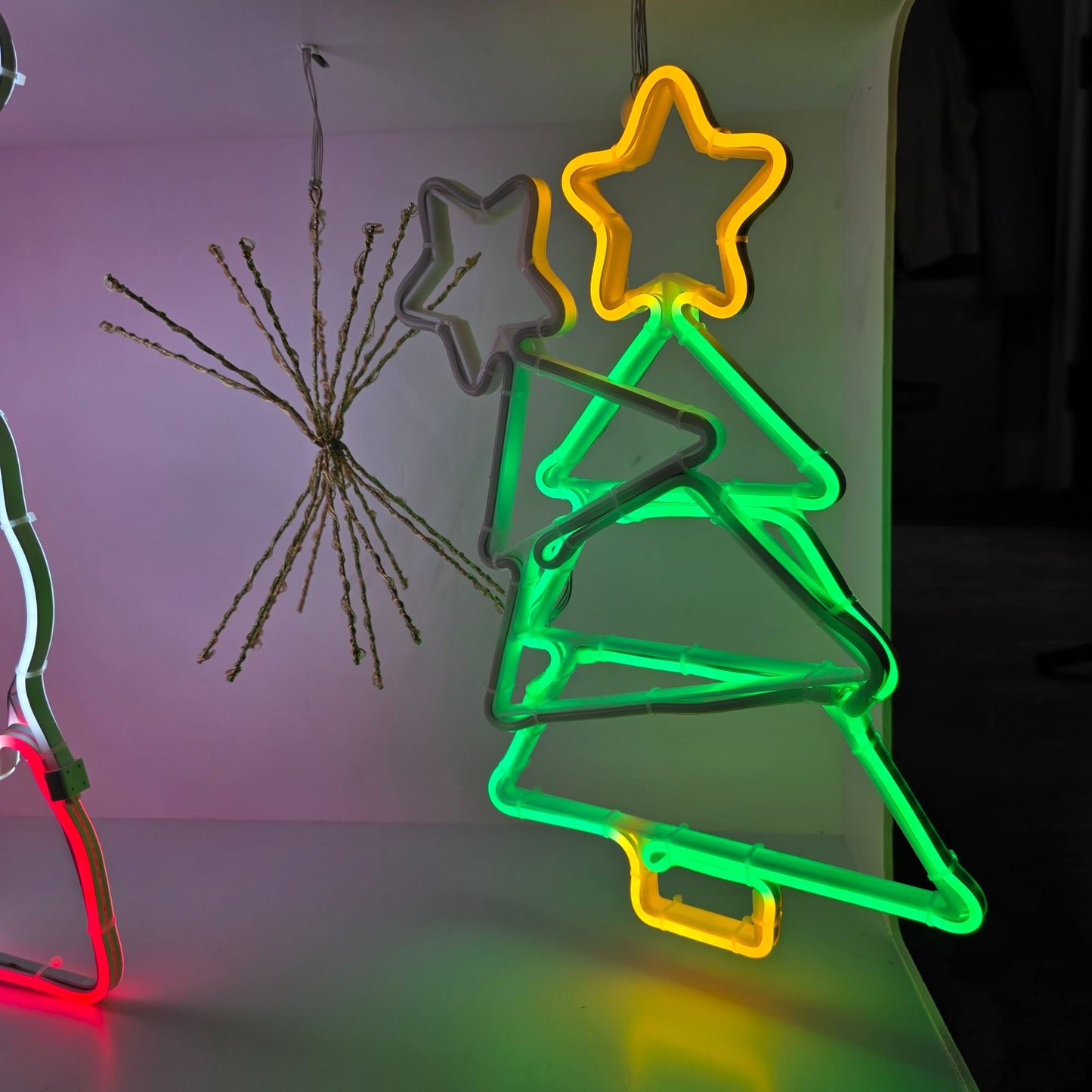 Holiday-Themed Neon Light Display Featuring Gingerbread Man Santa Candy Cane Tree & Star