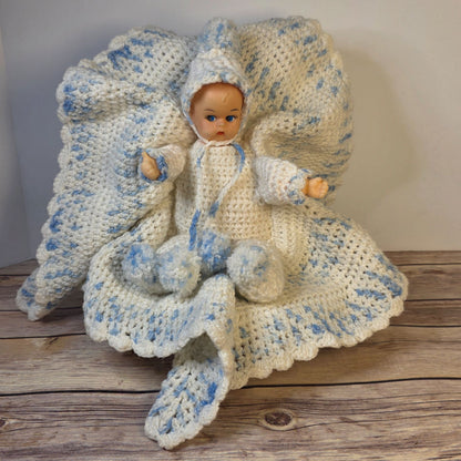 Vintage Handmade Baby Doll With Crochet Outfit & Blanket