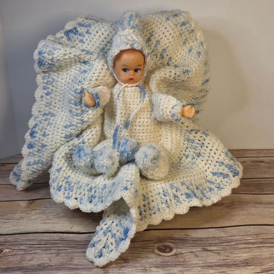 Vintage Handmade Baby Doll With Crochet Outfit & Blanket
