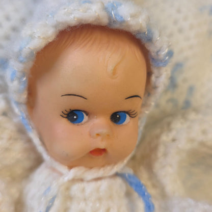 Vintage Handmade Baby Doll With Crochet Outfit & Blanket