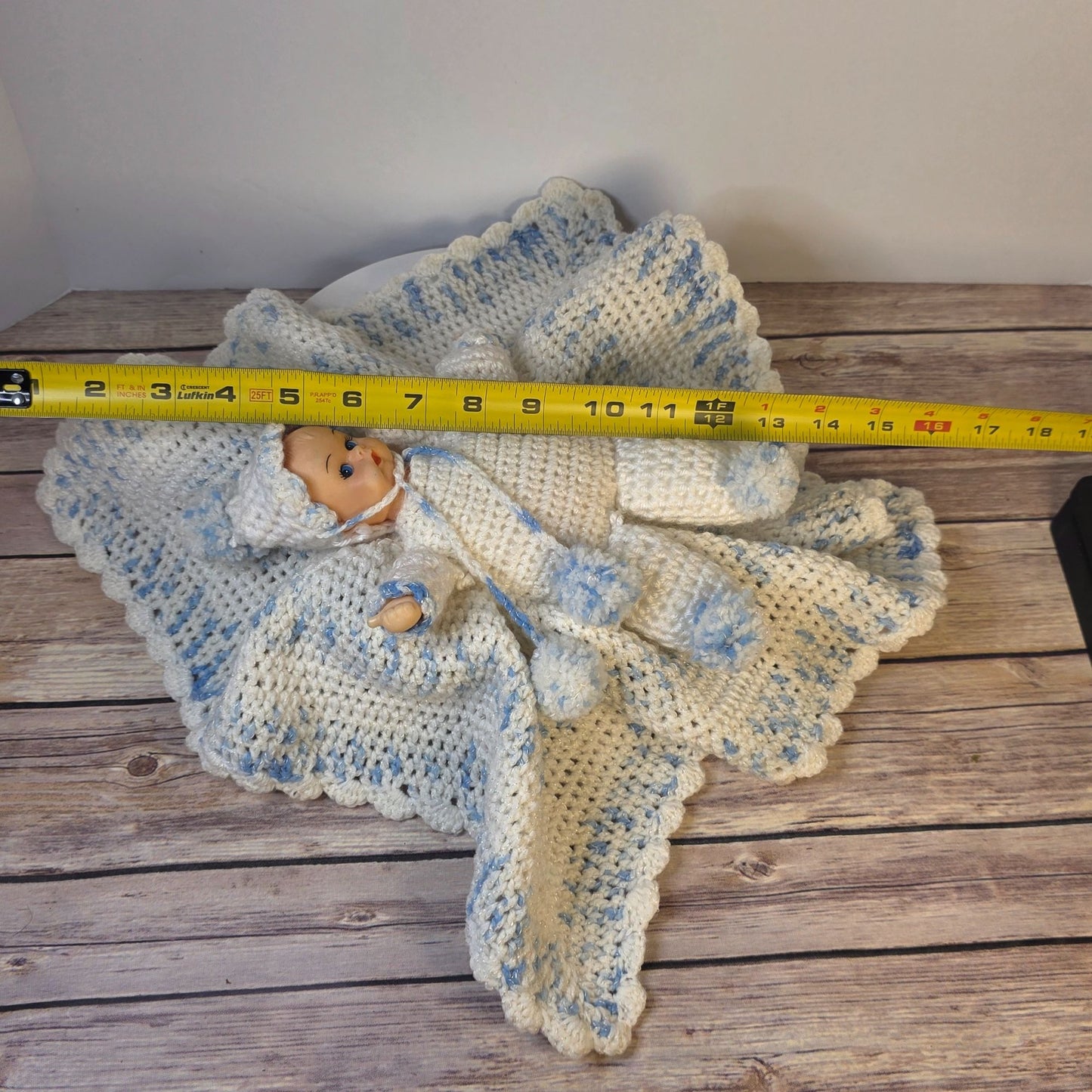 Vintage Handmade Baby Doll With Crochet Outfit & Blanket