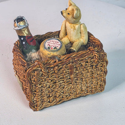 Vintage 1988 Teddy Bear Figurine In Wicker Basket With Champagne & Jam Hand-Painted Made In Scotland