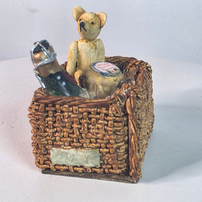 Vintage 1988 Teddy Bear Figurine In Wicker Basket With Champagne & Jam Hand-Painted Made In Scotland