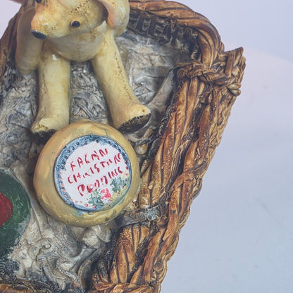 Vintage 1988 Teddy Bear Figurine In Wicker Basket With Champagne & Jam Hand-Painted Made In Scotland