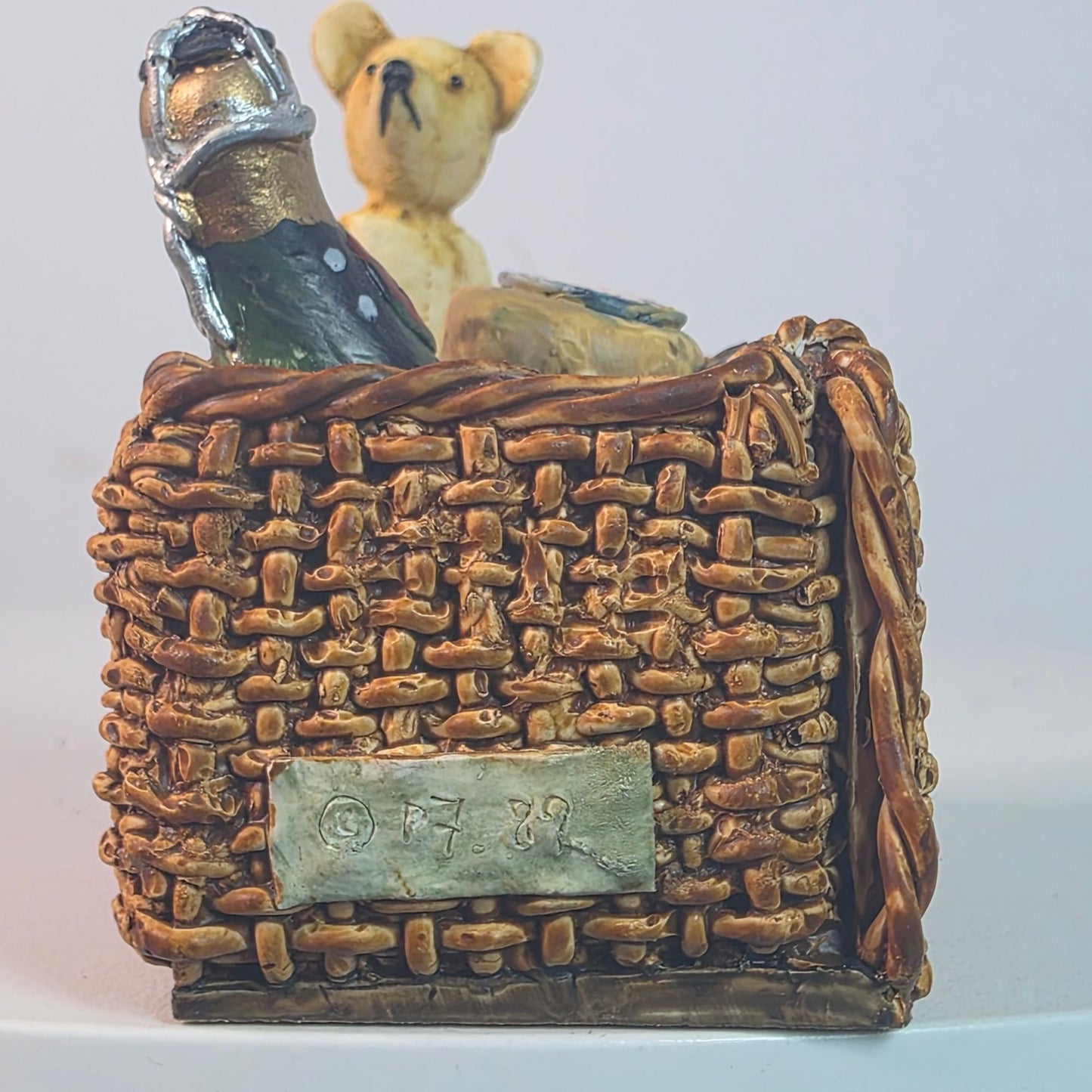 Vintage 1988 Teddy Bear Figurine In Wicker Basket With Champagne & Jam Hand-Painted Made In Scotland