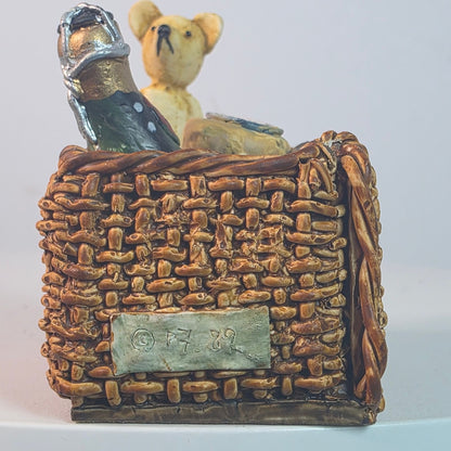 Vintage 1988 Teddy Bear Figurine In Wicker Basket With Champagne & Jam Hand-Painted Made In Scotland