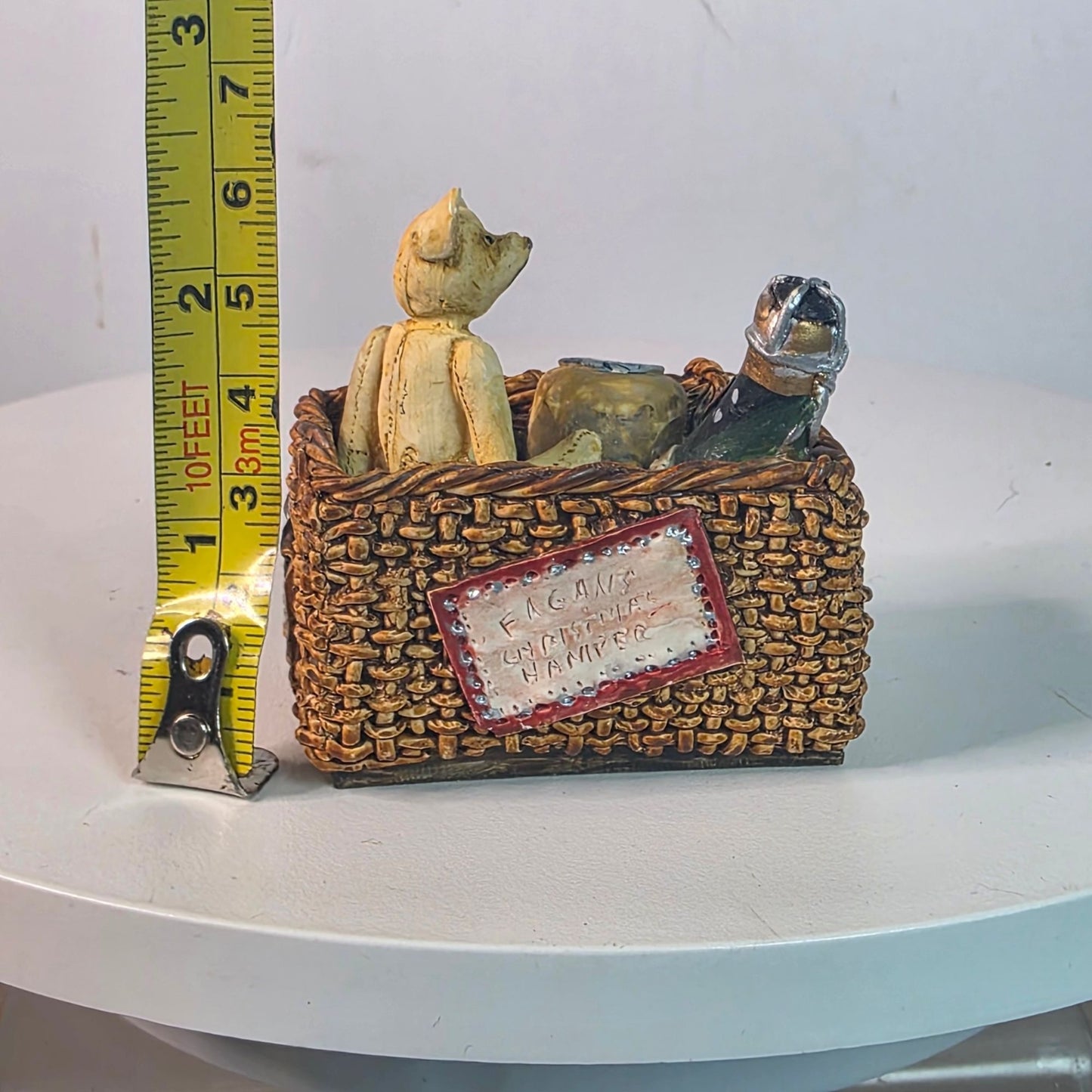 Vintage 1988 Teddy Bear Figurine In Wicker Basket With Champagne & Jam Hand-Painted Made In Scotland