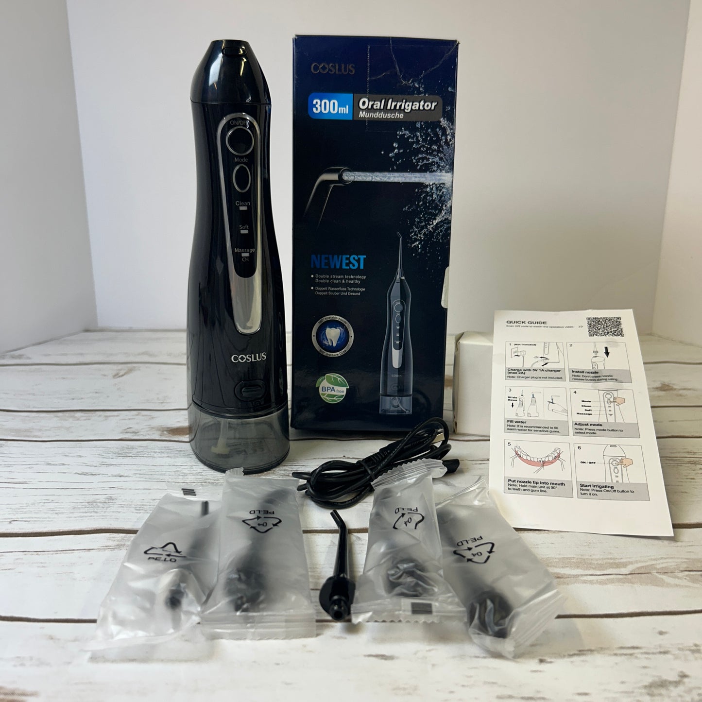 NIOB New COSLUS Cordless Water Dental Flosser, Portable Teeth Pick, 300ML Rechargeable Tooth Irrigator for Teeth Cleaning, Black