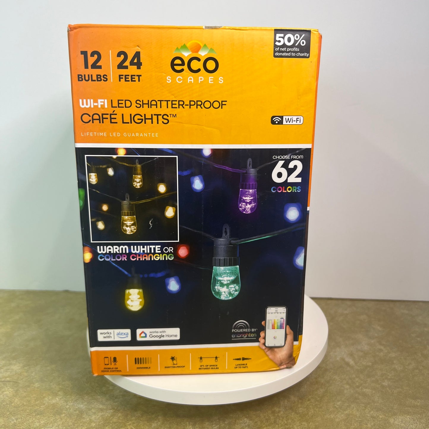 Eco Scapes Wi-Fi LED Shatterproof Cafe Lights 12 Bulbs 24 Feet 62 Colors