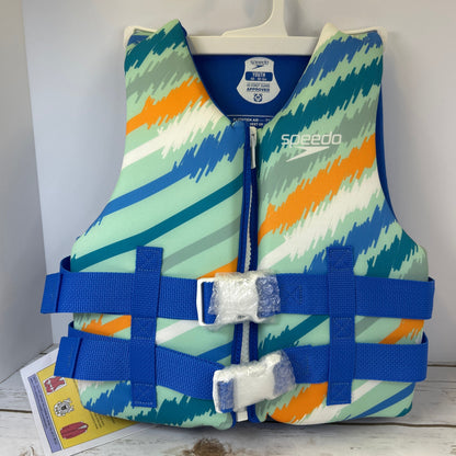 NWT New Speedo Youth PFD Life Jacket Vest Blue Sketch Stripe. 50-90 lbs