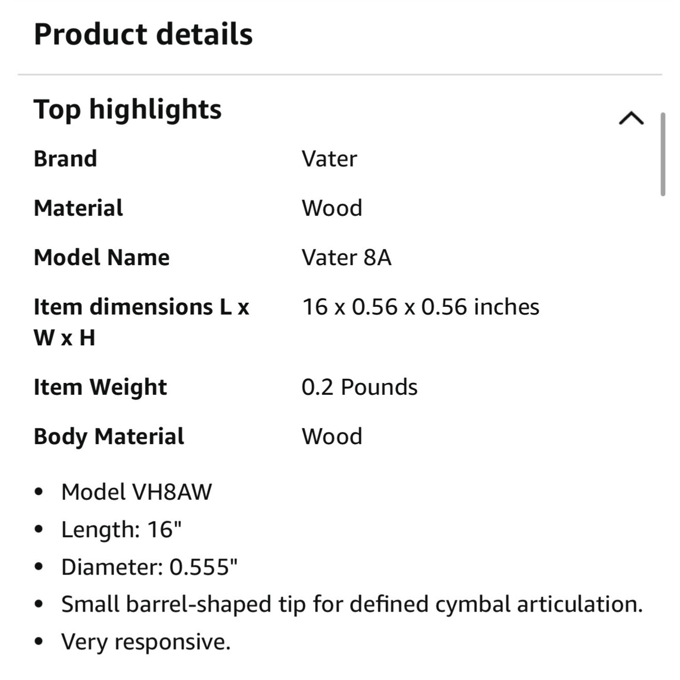 Vater 8A Wood Drumsticks 16" Length 0.555" Diameter