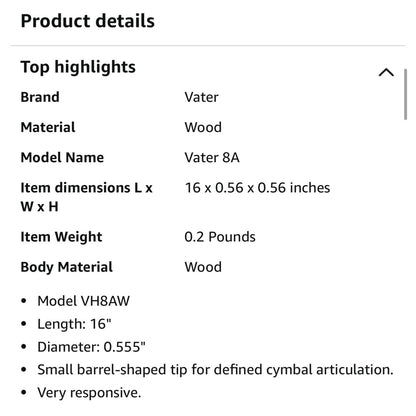 Vater 8A Wood Drumsticks 16" Length 0.555" Diameter