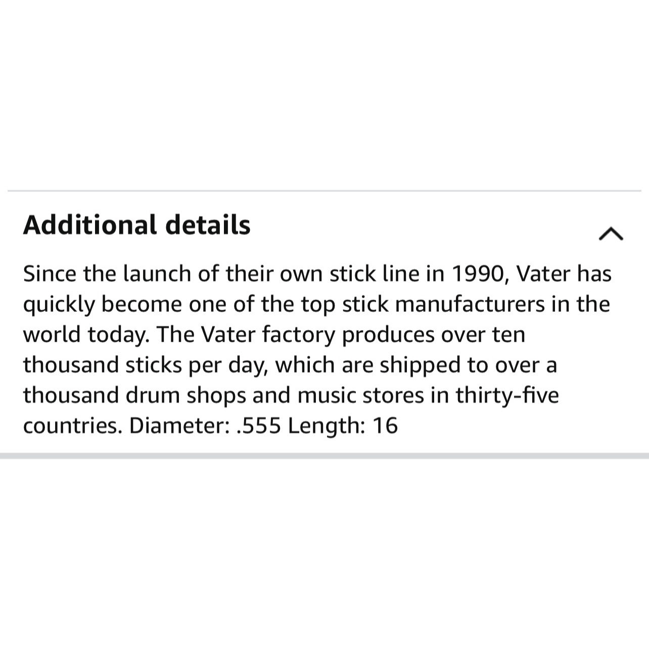 Vater 8A Wood Drumsticks 16" Length 0.555" Diameter