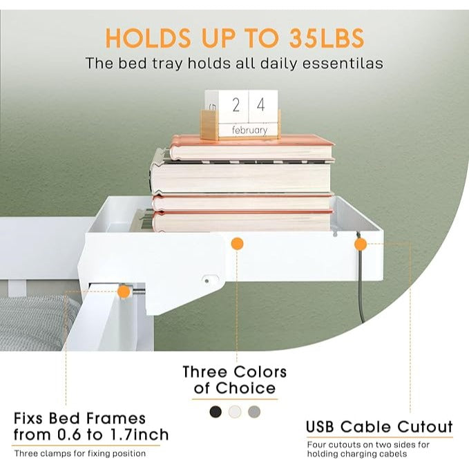 Spacelead Bedside Shelf For Bed & Top Bunk - Clip On Nightstand Snack Organizer & Floating Bed Side Table Tray In White Plastic
