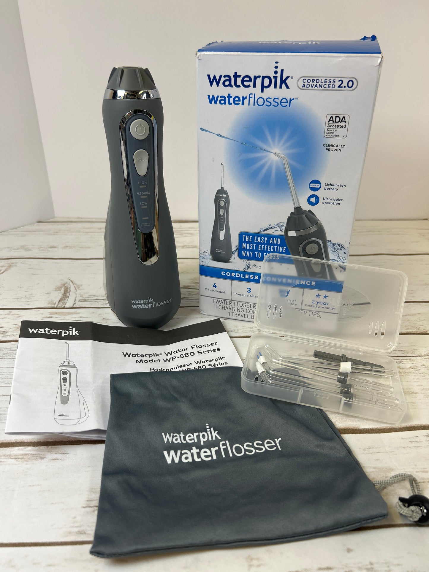 Waterpik Cordless Advanced 2.0 Water Flosser For Teeth, Gums, Braces, Dental Care With Travel Bag and 4 Tips, ADA Accepted, Rechargeable, Portable, and Waterproof, Gray WP-587