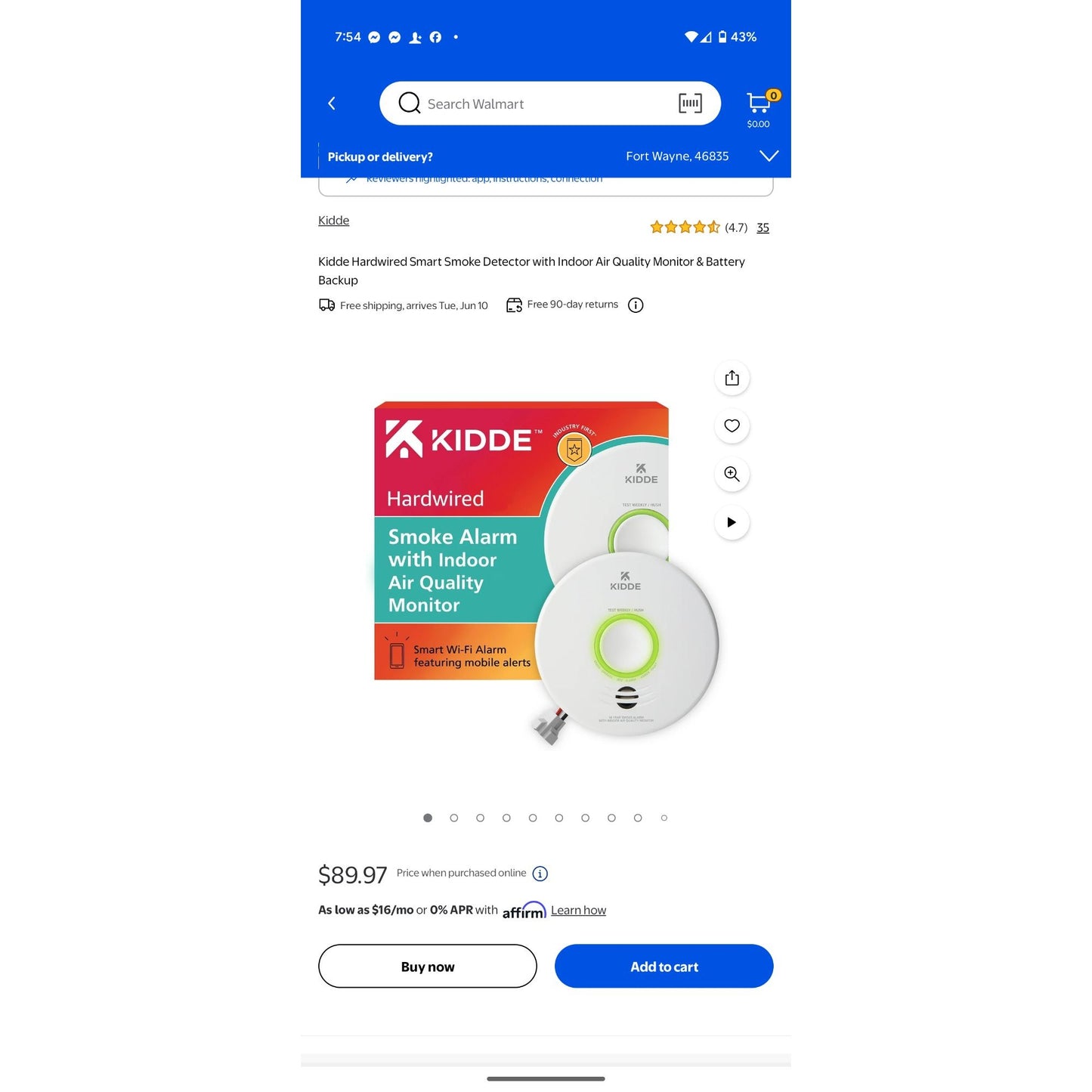 Kidde Smoke Alarm With Indoor Air Quality Monitor Wi-Fi Smart Alarm Mobile Alerts Alexa & Google Home Compatible 10-Year Battery