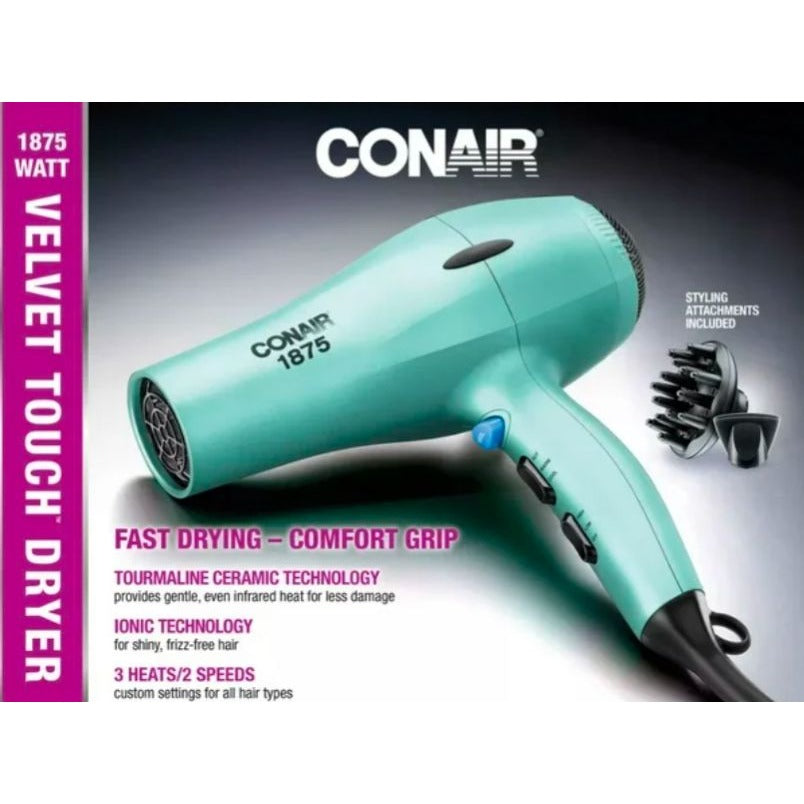 Conair Hair Dryer Velvet Touch 1875 Watts With Ionic & Tourmaline Ceramic Technology Includes Diffuser & Concentrator 3 Heat/2 Speed Setting