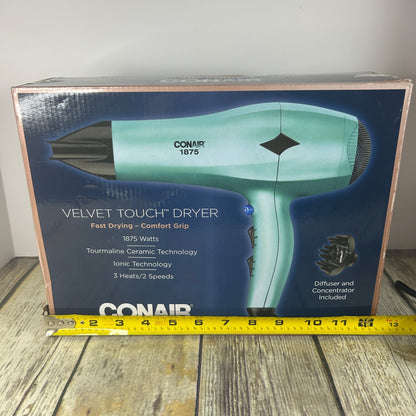 Conair Hair Dryer Velvet Touch 1875 Watts With Ionic & Tourmaline Ceramic Technology Includes Diffuser & Concentrator 3 Heat/2 Speed Setting