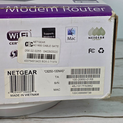 Netgear AC1600 WiFi Cable Modem Router C6250 Dual Band Gigabit - Up To 680 Mbps Speed