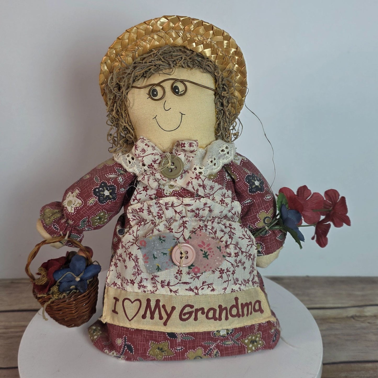 Handcrafted Grandma Rag Doll With Straw Hat & Fabric Dress Holding Basket Of Flowers