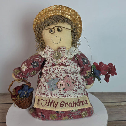 Handcrafted Grandma Rag Doll With Straw Hat & Fabric Dress Holding Basket Of Flowers